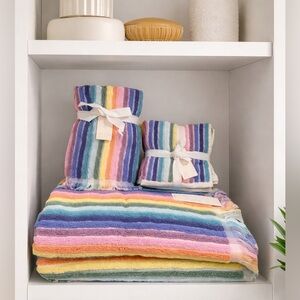8pc Rachel Zoe RAINBOW STRIPES 2 Bath 2 Hand 4 Washcloth Towel Set 100% Cotton